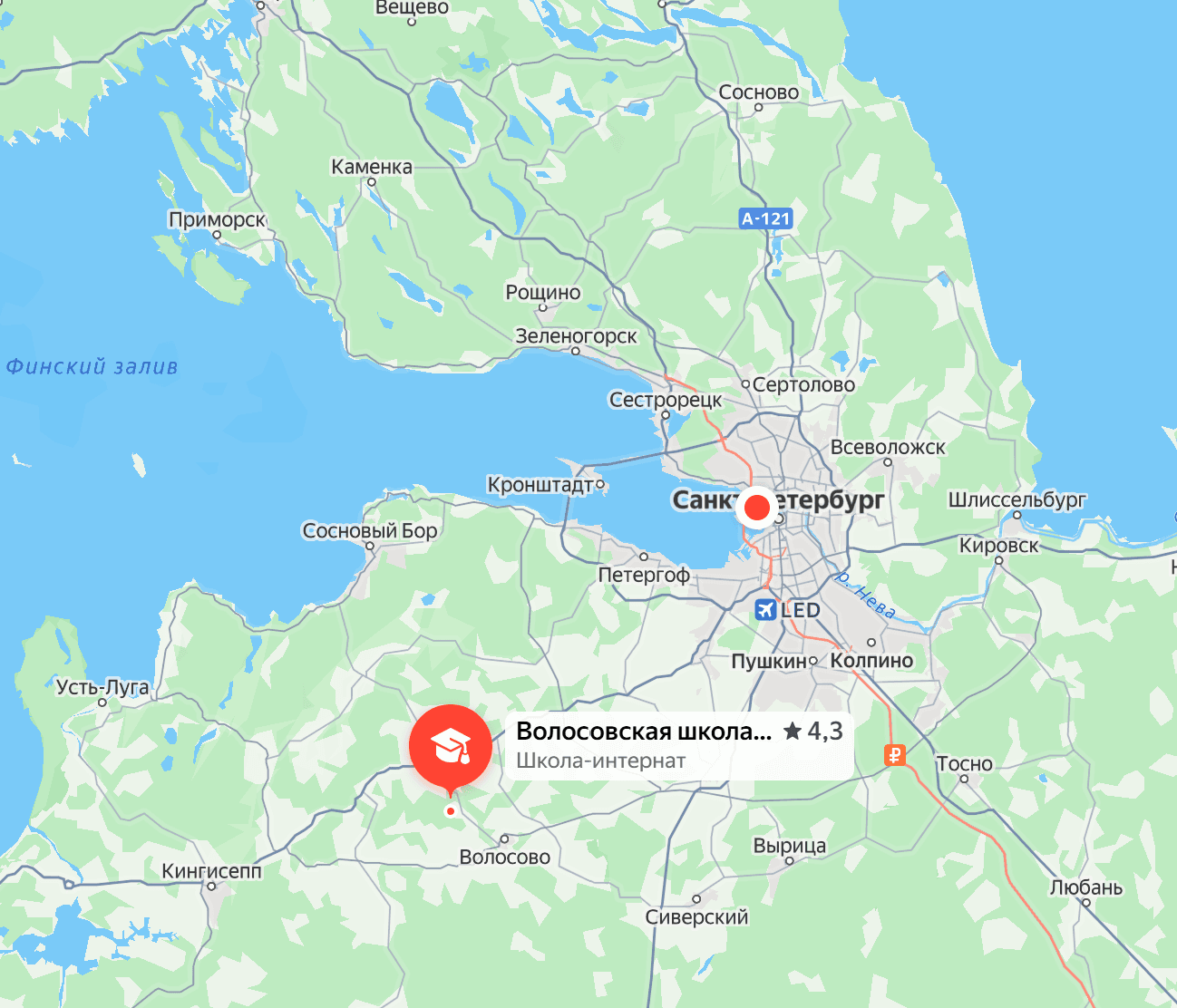 Расположение Волосовской школы-интерната на карте